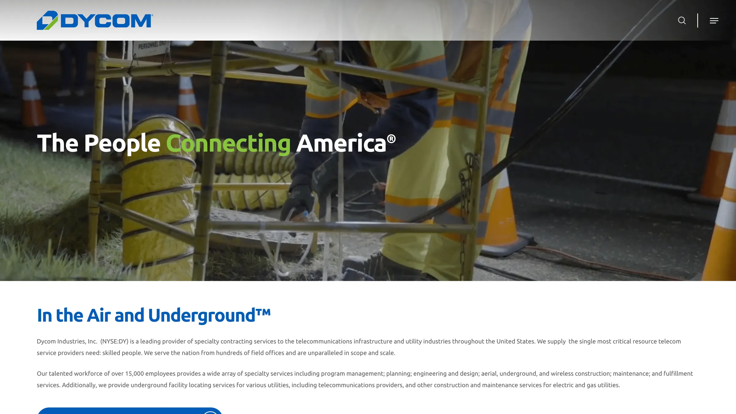 Redesigned Dycom homepage with the headline The People Connecting America over a photo of a field technician at work