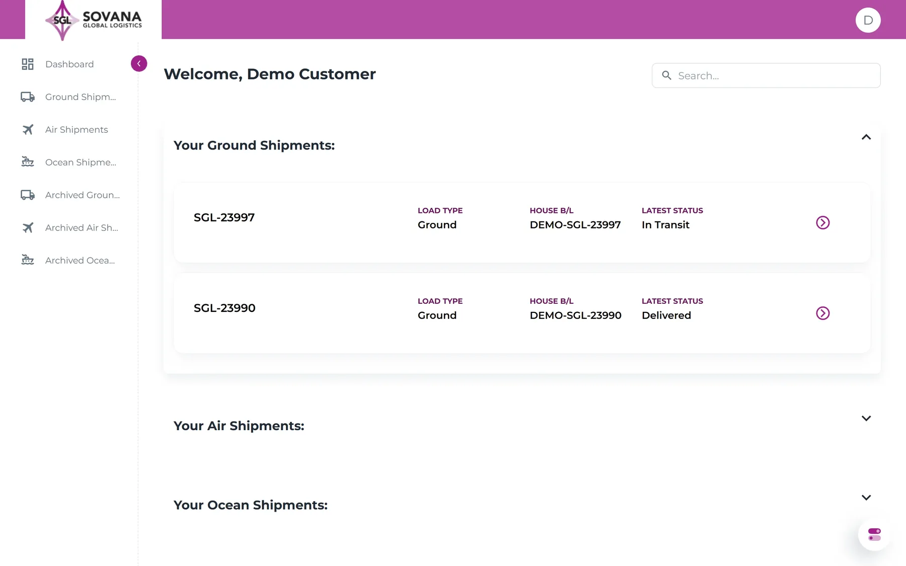 Sovana Track dashboard with demonstration data, welcoming the customer and listing ground shipments with load type, house bill of lading, and latest status, above air and ocean sections